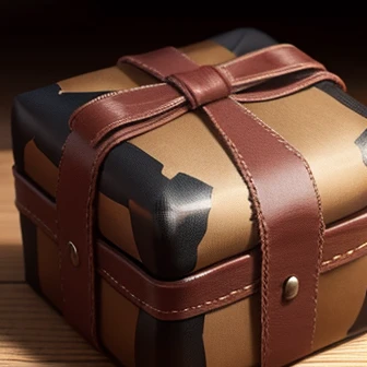 A black leather box the size of a fist is used as a head ornament.