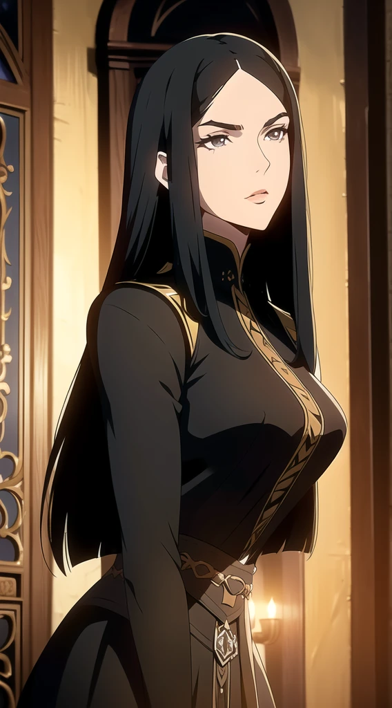 (One Person), (Masterpiece, Best Quality), (A Gorgeous 25 Years Old Female), (long straight black hair with fringe bangs above the eyebrows), (black Eyes), (Fair Skin), (Wearing women's black medieval clothing dress Outfit with and Corsets), (medieval castlevania City Road at Day), (Dynamic Pose), Centered, (Half Body Shot:1.4), From Front Shot, Insane Details, Intricate Face Detail, Intricate Hand Details, Cinematic Shot and Lighting, Realistic and Vibrant Colors, Masterpiece, Sharp Focus, Highly Detailed, Taken with DSLR camera, Depth of Field, Realistic Environment and Scene, Master Composition and Cinematography