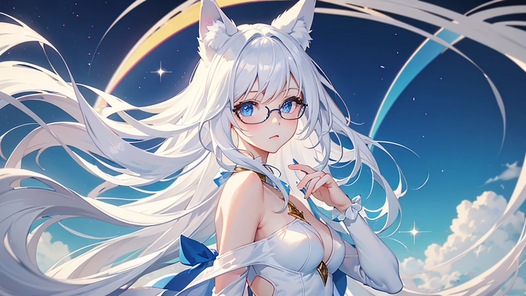 best quality, 8K, original photo, Ridiculous, Extremely detailed, Fox ears，baby face, No makeup, Provocative expressions，slim, Perfect proportion, White straight hair, (wind, wind-effect), blue eyes, Various visual styles for backgrounds，combines various artistic elements，like a sparkling iridescent rainbow，White Fox Girl，swimsuit，Gold frame glasses