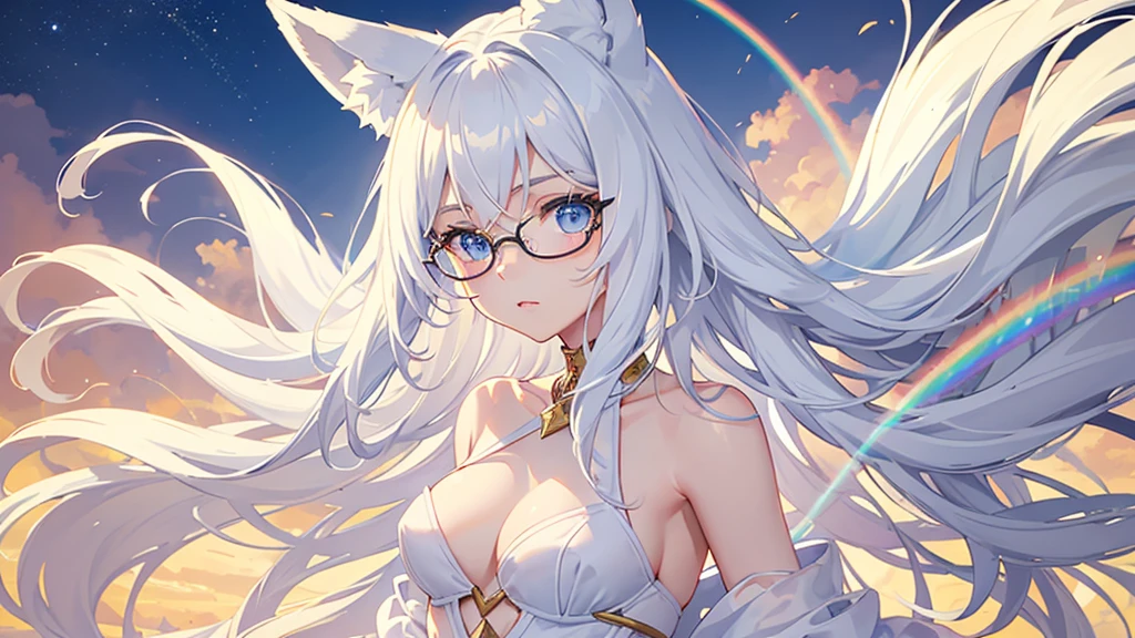 best quality, 8K, original photo, Ridiculous, Extremely detailed, Fox ears，, No makeup, Provocative expressions，slim, Perfect proportion, White straight hair, (wind, wind-effect), blue eyes, Various visual styles for backgrounds，combines various artistic elements，like a sparkling iridescent rainbow，White Fox Girl，swimsuit，Gold frame glasses