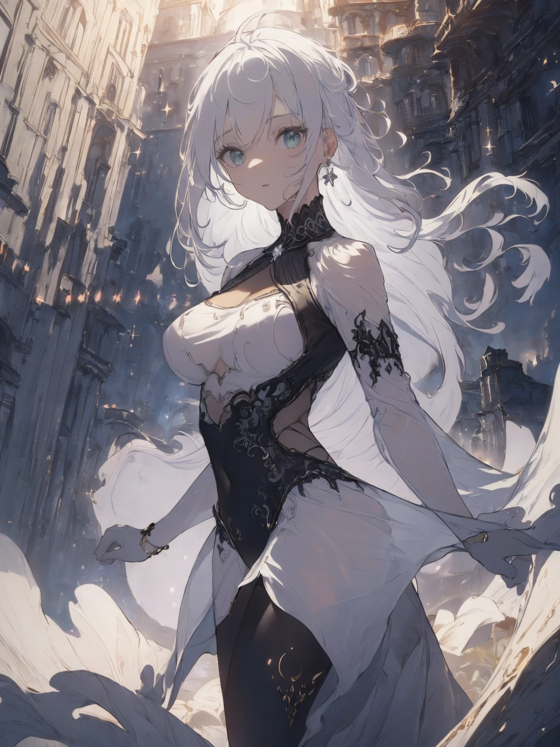 (Landscape photo, with a woman in the bottom right of photo:1.5, in white waterfront:1.5), Masterpiece, best quality, (very detailed CG unity 8k wallpaper), (best quality), High definition RAW color art, Animation,sculptures, (black Marble Skin), (((Ultra detailed elegant))), Magical atmosphere, Detailed skin, Texture,(Intricately detailed, Fine detail, ultra-detail art), depth of fields, Bokeh, Silky Touch, Hyper Detail, beautiful eyes, elegant face, (upper body focus), sparkle background, enormous :1.3, (silver hair), pure white, pose, muscle, embarrassing face, rose,  ドラマチックな光, looking back, marine