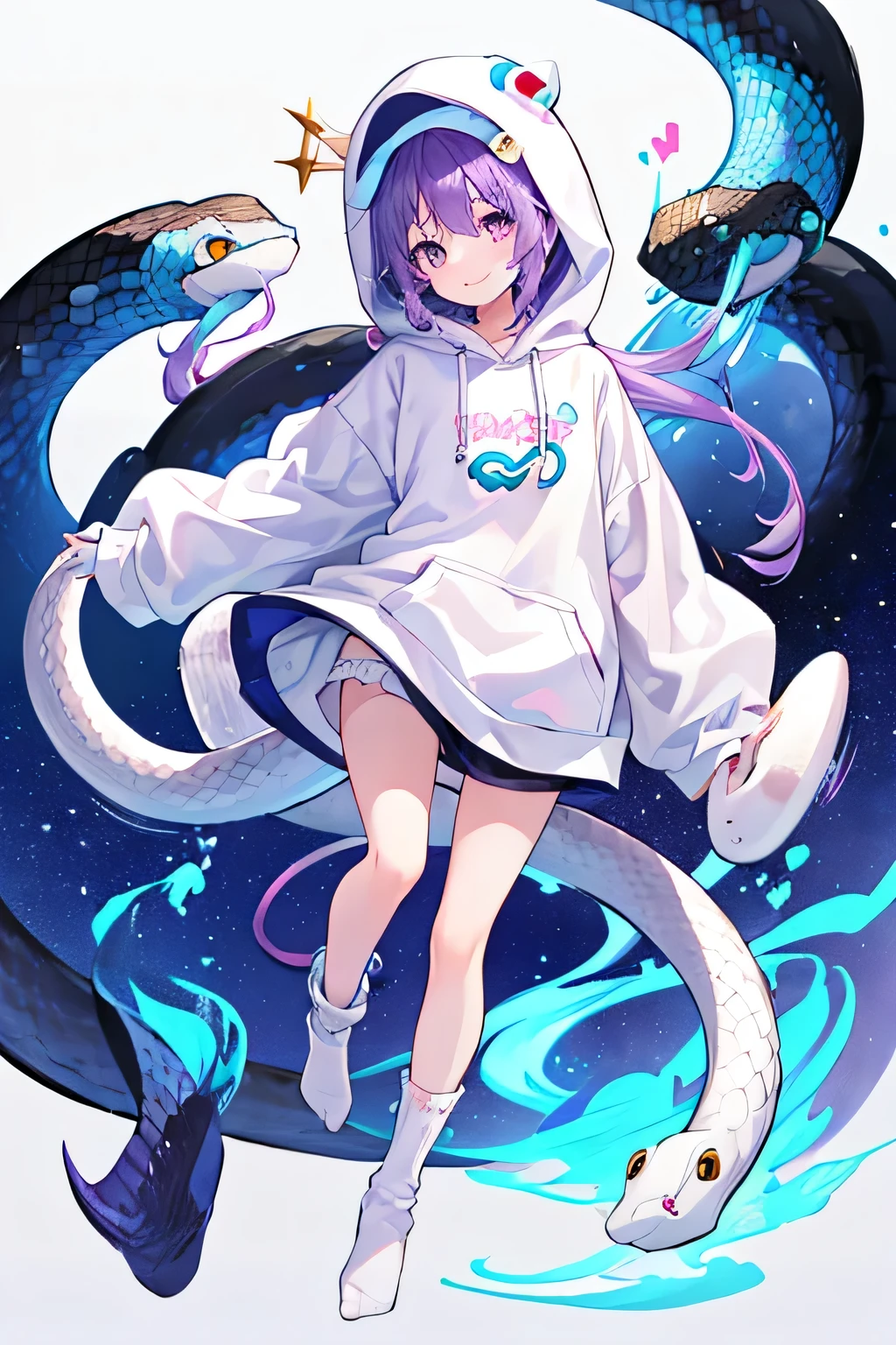 Only white background、Wearing a white snake hat、snake charmer、Hoodie for jacket、smile、The cutest in the world、Purple Hair、Photograph your whole body from the front、Knee-high socks、Looking up、Standing pose、Covers from head to toe!、Snake 、Take a full-body photo!!!The camera is in front、Carefully crafted down to the last detail、Especially the face is drawn cutely.、Put your whole body into it、Snake print clothing、Make sure to include the toes、Put your whole body into itStanding pose、Snake entangled