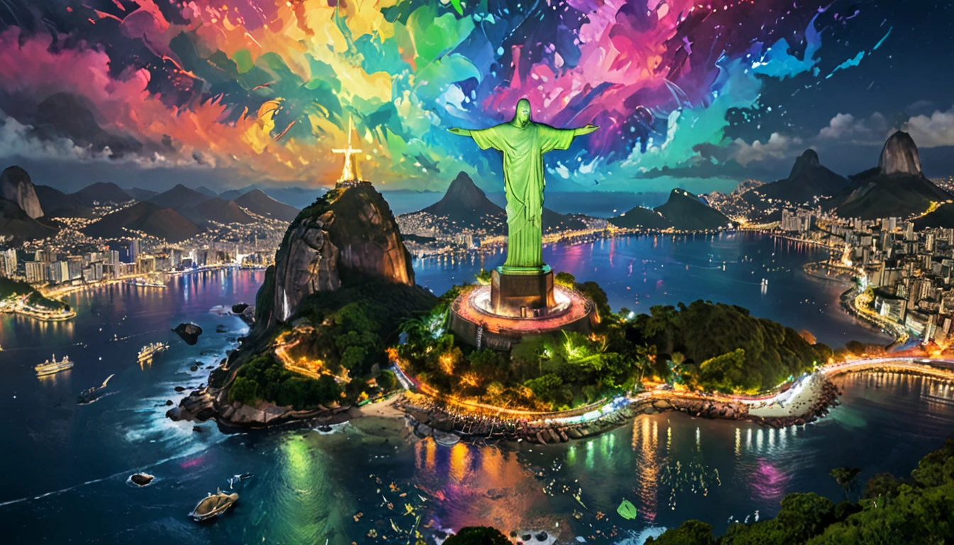 Reality,4K,8K, Vibrant and colorful night scenery ,Brazil,Rio de Janeiro,Christ the Redeemer ,Ocean,With bold brushstrokes and unnatural colors