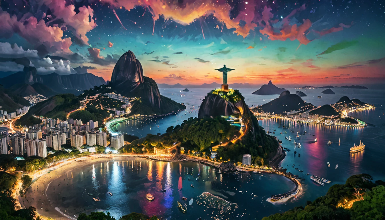 Reality,4K,8K, Vibrant and colorful night scenery ,Brazil,Rio de Janeiro,Christ the Redeemer ,Ocean,With bold brushstrokes and unnatural colors