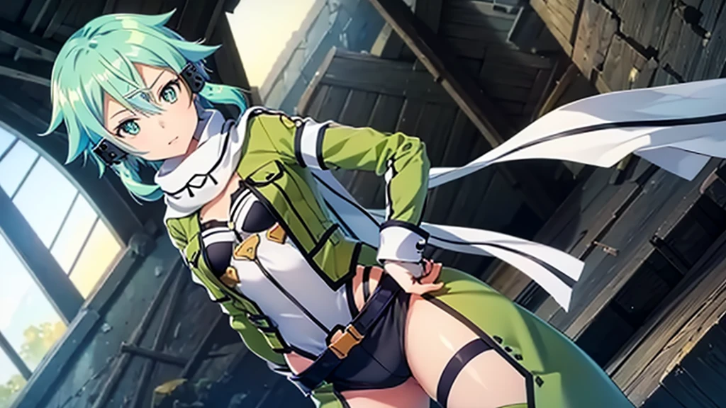 (masterpiece), Best quality, expressive eyes, perfect face, A high resolution, Sinon 1, scarf, fingerless gloves, long sleeves, short shorts, hair ornament, Hairclip, Green Knee Socks, green jacket, thigh strap, Hands on hips, field, ruins background, standing, cowboy shot, I look at the viewer