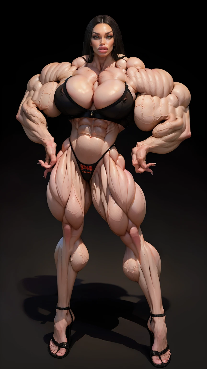 (megan fox), ((((female bodybuilder)))), (((((very muscular))))), (((huge upper body))), (((narrow hips))), long hair, ((black sexy lingerie)), ((((full body front view)))), (((perfect hands, perfect fingers))), ((grey background))