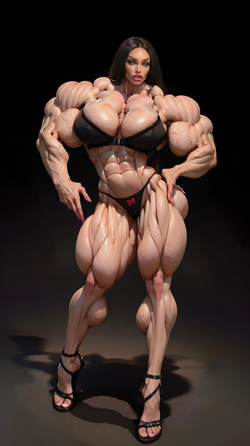 (megan fox), ((((female bodybuilder)))), (((((very muscular))))), (((huge upper body))), (((narrow hips))), long hair, ((black sexy lingerie)), ((((full body front view)))), (((perfect hands, perfect fingers))), ((grey background))