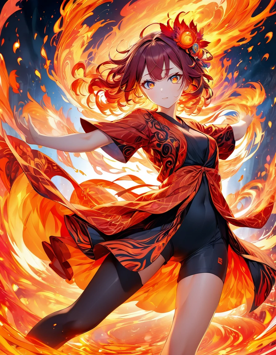 Red short hair, female, fire element, black and red clothes, breasts, long legs, anime, cartoon, manhwa, genshin impact, game, chinese traditional, chinese traditional clothes, chinese dress