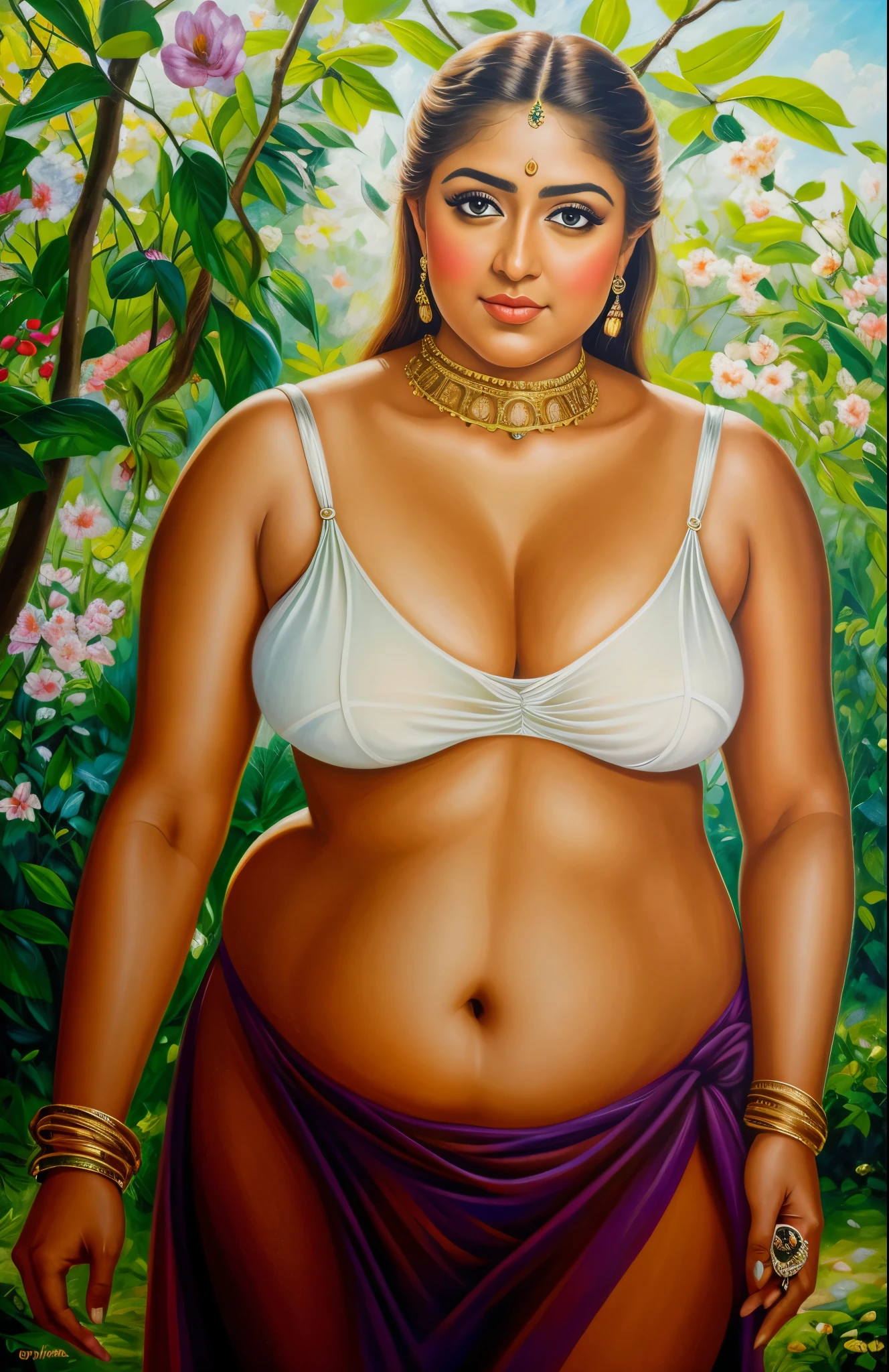 Looks like Nayanthara, curvy, thick figure, heavy figure, sexy navel folds, Masterpiece, Best quality, high clarity eyes, beautifully styled hair, critically flawless,sharp picture, Full portrait, High pixels, perfect face, perfect eyes, beautiful face, perfect hands,perfect fingers, in Peter Paul Rubens style, by Peter Paul Rubens, baroque style, acrylic on canvas, highly detailed, description: "Create a nymph inspired by the tales of Greek or Roman mythology, embodying the essence of a natural element or location, and possessing a unique ability or trait that sets her apart.", 1 female,