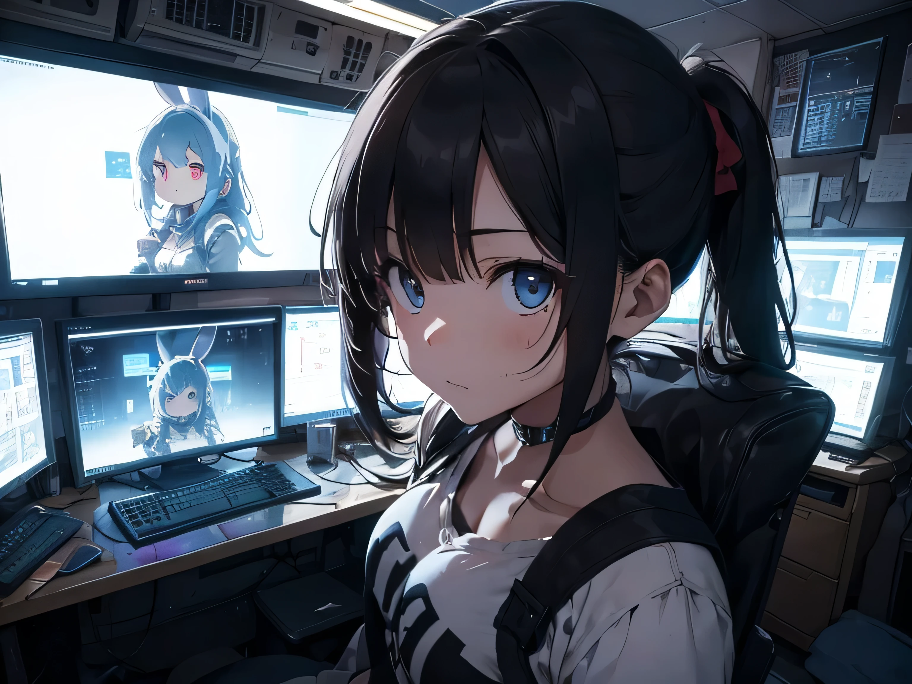 large plane seen from the top. Defined line art. The girl is sitting in a small, very dark and dirty cyberpunk-style room, with blue and dirty-looking monitors, with technical readings, brain scans and a larger central screen with an image of a stuffed rabbit's face. She sits in a curved chair with a panel on the arm of the chair., three switches at the top (rot, Unripe, blackw), cables coming out of it, one connecting to the neural interface in your temple. A large metal door in front with a “Warning” sign on the back with unintelligible rules with markers underneath. A big blue light above the door. A gray backpack on the floor near the door.