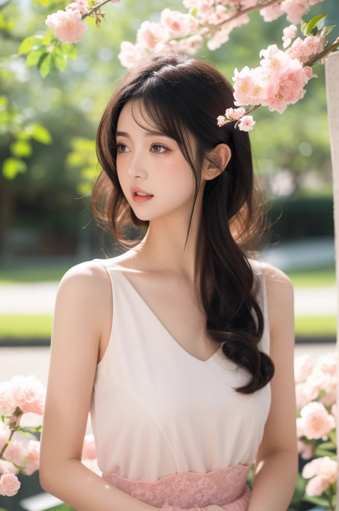 One girl,alone,Long Hair,lips,parted lips,Upper Body,Blurred Background,Floating Petals,Juru,cute,short hair,cherry_Flowers Bloom,blush,Curly Hair,