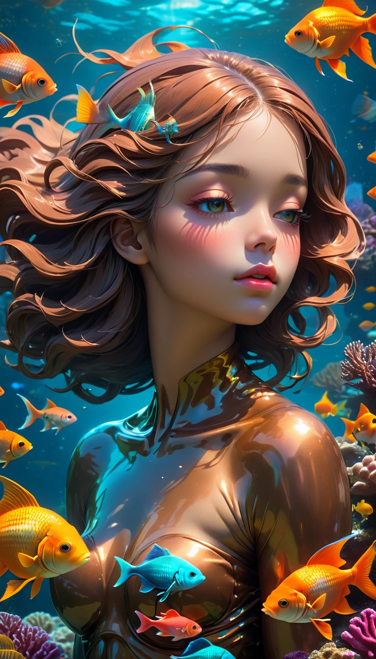 1 y and very beautiful girl, eyes closed, surreal bronzed_xl. the bronzed statue of her abandoned dreams. sense of suspense and mystery. bronze, vibrant and moody, underwater, seafloor and coral reefs, vibrant colorful goldfish, guppies, anglefish swimming, pastel-hued colors, sharp edges, dramatic, fine detail, epic mist, atmospheric, high resolution, vibrant colors, perfect young female anatomy, UHD, 8K, rich colors, chromatic aberration, sharp focus, bokeh, sci-fi masterpiece, highly detailed, intricate, beautiful volumetric lighting, epic light