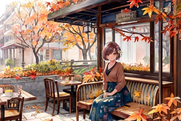 ((Ultra-detailed)、restaurant、Terrace seats、beautiful flower、autumn's、autumn leaves、Watercolor pattern in muted colors)、(Watercolor Texture)、((One Girl)、short hair、cute、V-Neck Knitwear、Long skirt、