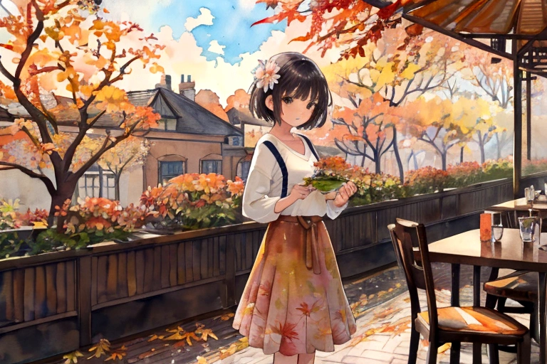 ((Ultra-detailed)、restaurant、Terrace seats、beautiful flower、autumn's、autumn leaves、Watercolor pattern in muted colors)、(Watercolor Texture)、((One Girl)、short hair、cute、V-Neck Knitwear、Long skirt、