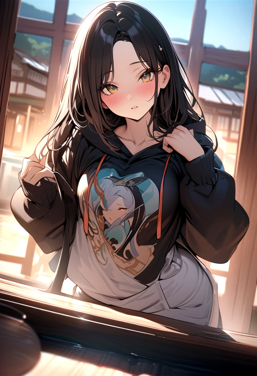 ((masterpiece)), ((best quality)), (ultra-detailed), ((extremely detailed)), 4K, (8K), A woman wearing a black hoodie、parted bangs middle hair、Hot spring inn