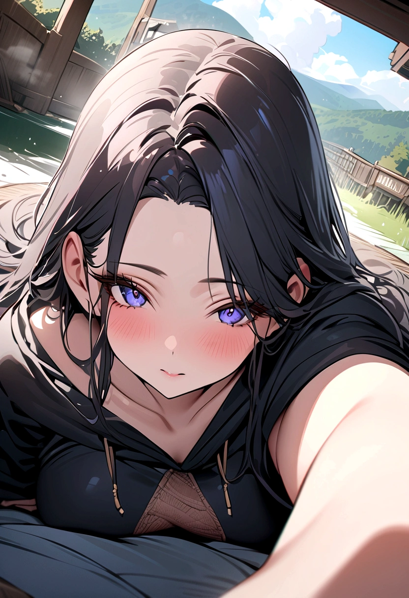 ((masterpiece)), ((best quality)), (ultra-detailed), ((extremely detailed)), 4K, (8K), A woman wearing a black hoodie、parted bangs middle hair、Hot spring inn