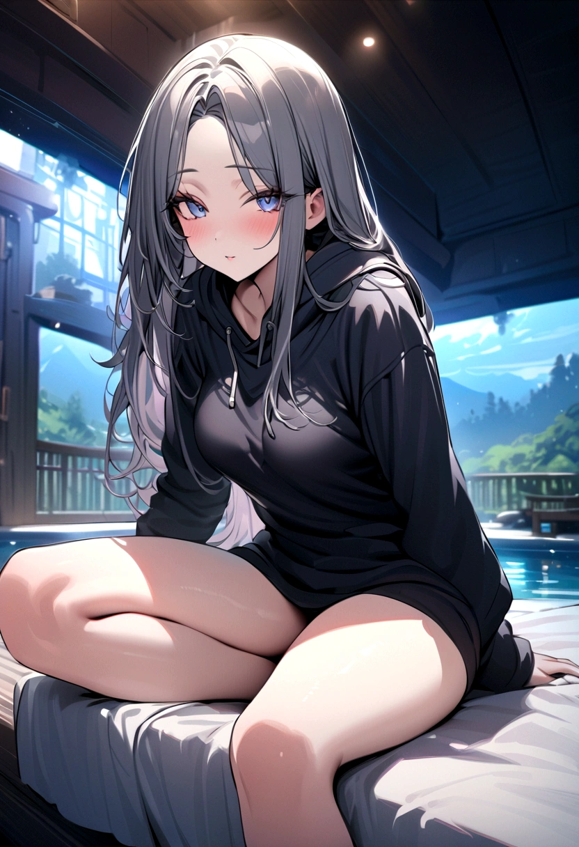 ((masterpiece)), ((best quality)), (ultra-detailed), ((extremely detailed)), 4K, (8K), A woman wearing a black hoodie、parted bangs middle hair、Hot spring inn