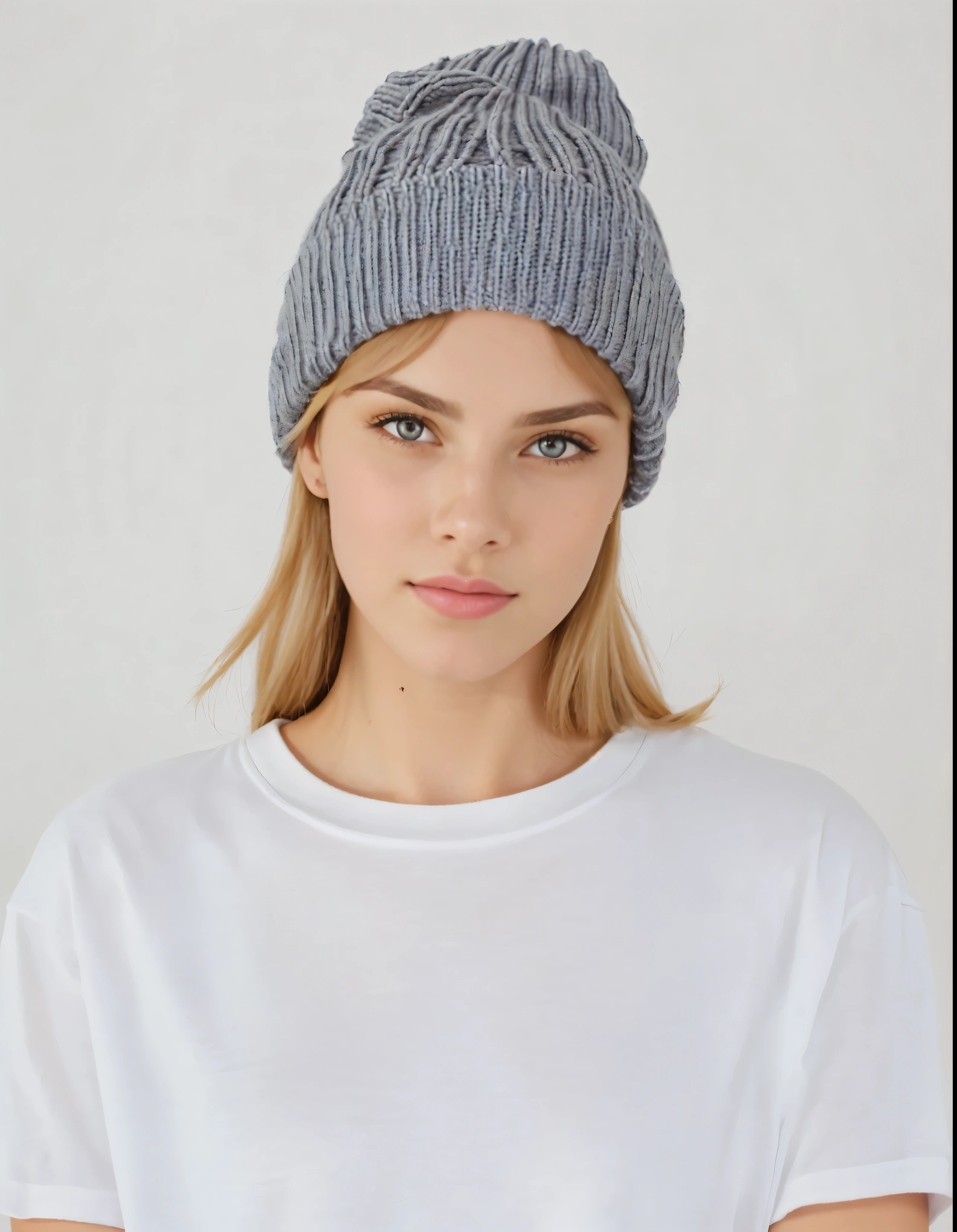 a woman wearing a white shirt and a gray hat, bonnet hat, knit hat, bonnet, wearing bonnet, wearing a bonnet, cape de meia, with black bonnet on head, he also wears a grey bonnet, wearing wool hat, gray clothes, cape, productphoto, Aleksandra Waliszewska, high-quality portrait, com cape de rap na cabeça, perfectly poised