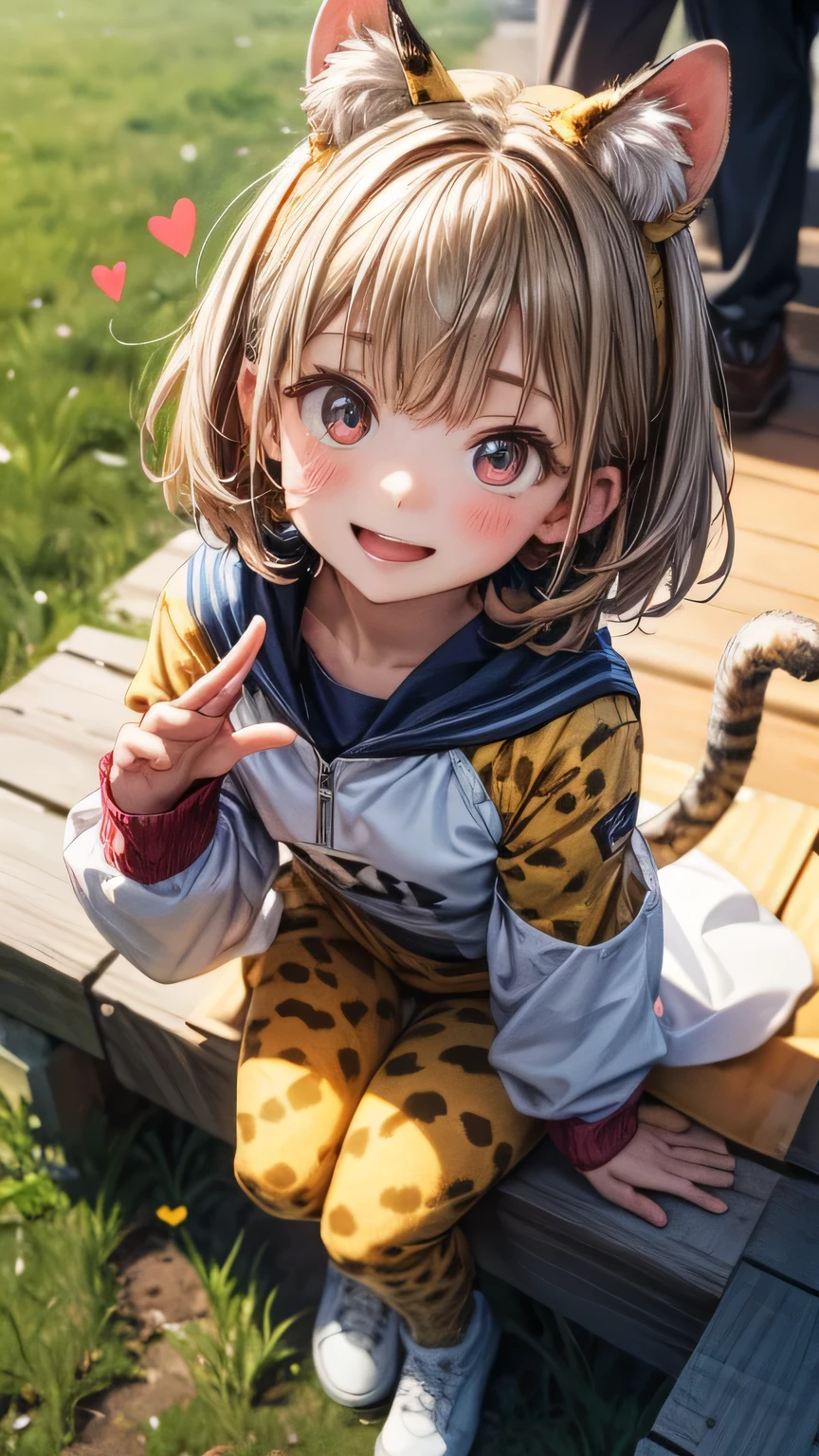 closeup shot , Best picture quality (8K, high resolution, Masterpiece: 1.2), super detailed, 215 Short Hair, 16-year-old woman,
situation: Scenes playing with children。Wearing a cheetah costume、Providing fun for children。
clothing: Full-body cheetah suit or casual cheetah-print clothing、With cat ears and a tail。
angle: Park or garden in the background、A wide-angle shot of me playing with my children。Close-up of a scene of hide-and-seek and tag。Reflecting the smiling moments with children。
Close-up of face
, random cute pose ,big eyes ,Puffy eyes , Heart Pupil, blush , huge shy smile , salute