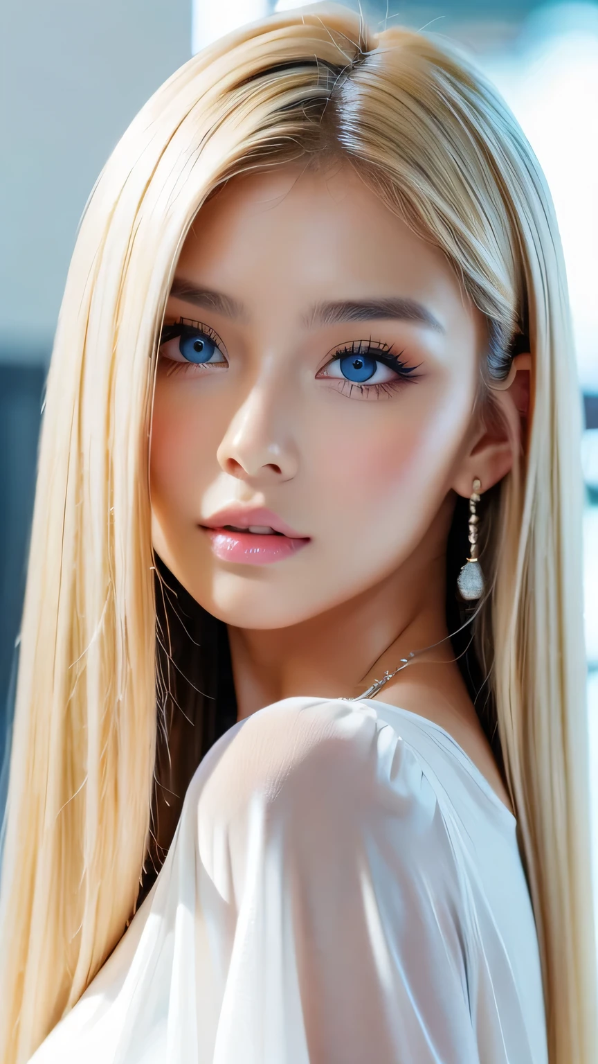 A perfectly beautiful face、Super long messy silky beautiful blonde、Beautiful cute girl 、Sexy and very beautiful cute face、Beautiful cute sexy bright pale sky blue big eyes、Long beautiful bangs、Very super long beautiful blonde shiny silky hair、Very white skin、Cheek gloss、Glossy skin、eyeliner、A peerless beauty、Hair above the eyes、片Hair above the eyes、Hair between the eyes、