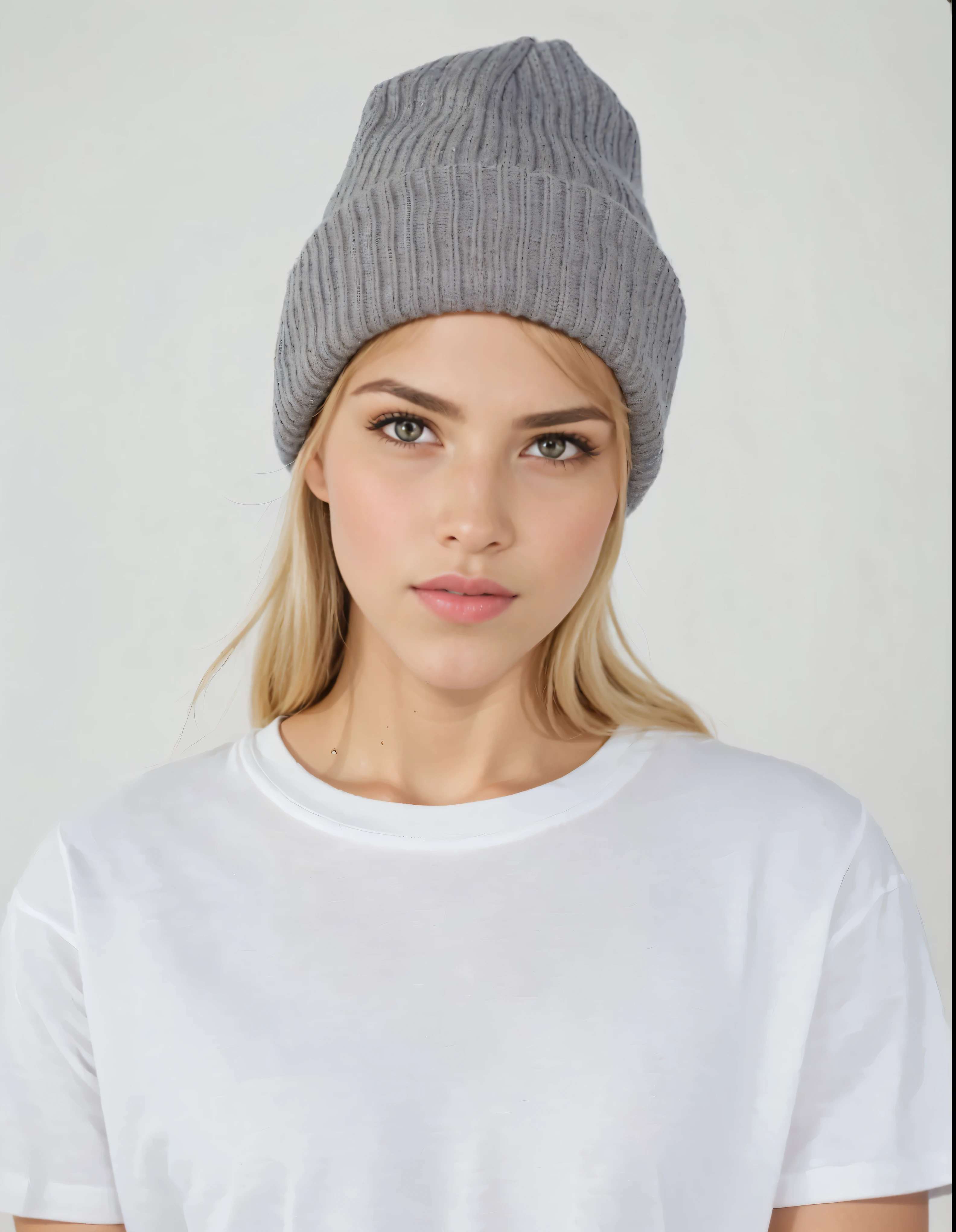 a woman wearing a white shirt and a gray hat, bonnet hat, knit hat, bonnet, wearing bonnet, wearing a bonnet, cape de meia, with black bonnet on head, he also wears a grey bonnet, wearing wool hat, gray clothes, cape, productphoto, Aleksandra Waliszewska, high-quality portrait, com cape de rap na cabeça, perfectly poised