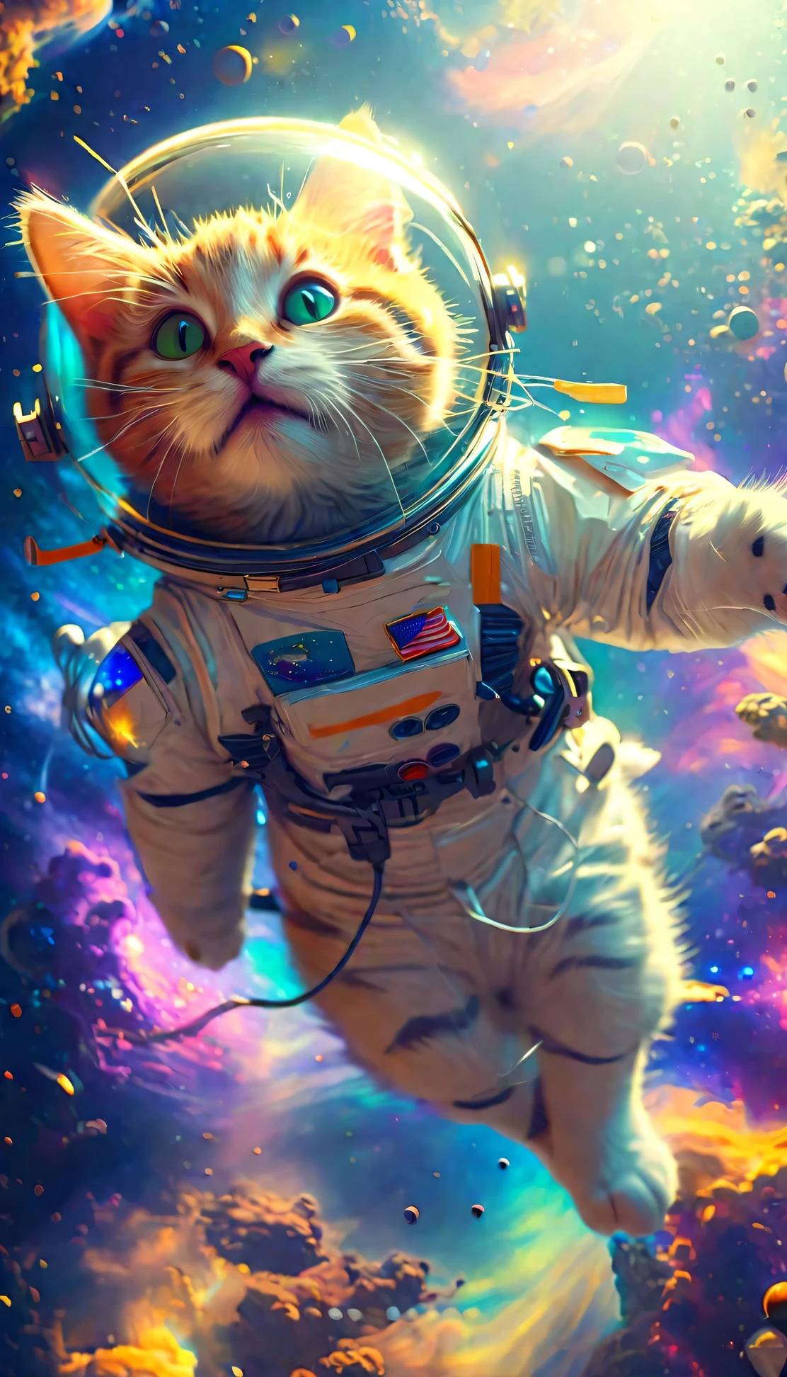 A cat in a space suit is floating in the air, astronaut cat, Space Cat, Space Cat, Beep!!, Beep daily art, Beep art, Space Kitten, Vojtek Fuss, Beep artwork, Beep style, in style of Beep, Beep masterpiece, Beautiful digital art
