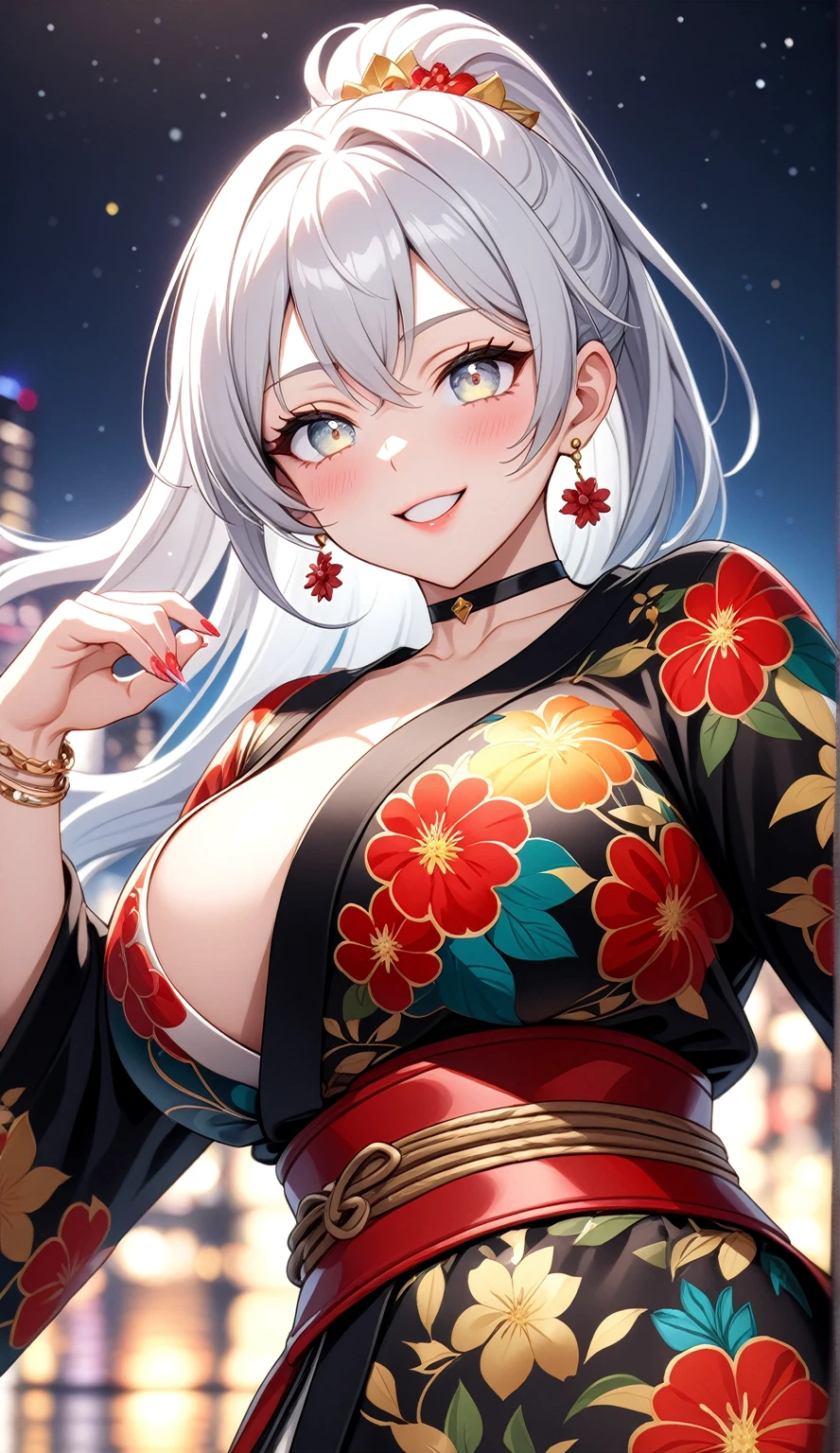 ((One personの女性)), Beautiful Face,((laugh)),((Wink:1.9)),((Touch your lips)), Laugh with your mouth wide open,((Bright red cheeks:1.4)),Shiny red lips,night,rooftop,Festive decorations,You can see the ocean, firework,Laughing with your mouth open,Glossy pink lips, lighting,((Anime style background)),masterpiece, Highest quality, so beautiful,up to date, Complex details, (Pink long nails),(ring),(bracelet),(choker),AI-generated, Complex,High resolution, Highest quality, super high quality,3D Images、3D Images,One person,Long white hair,High Ponytail,(Pale eyes),Anime woman posing for a photo, ((fine grain、Silvery white colorful eyes、Shining Eyes:1.4)),(Squint your eyes:1.1),a hyperRealistic , hyperRealistic , Realistic,Anime woman with long white hair, Smooth anime CG art, A woman in a colorful kimono with gold embroidery, (Black long sleeve kimono),Red floral pattern,Long flower hair ornament,big floral earrings,Mature Body,(:1.1),expensive,Abdominal muscles,Tight waist,(Zoom up to face:1.7),Shooting from diagonally below