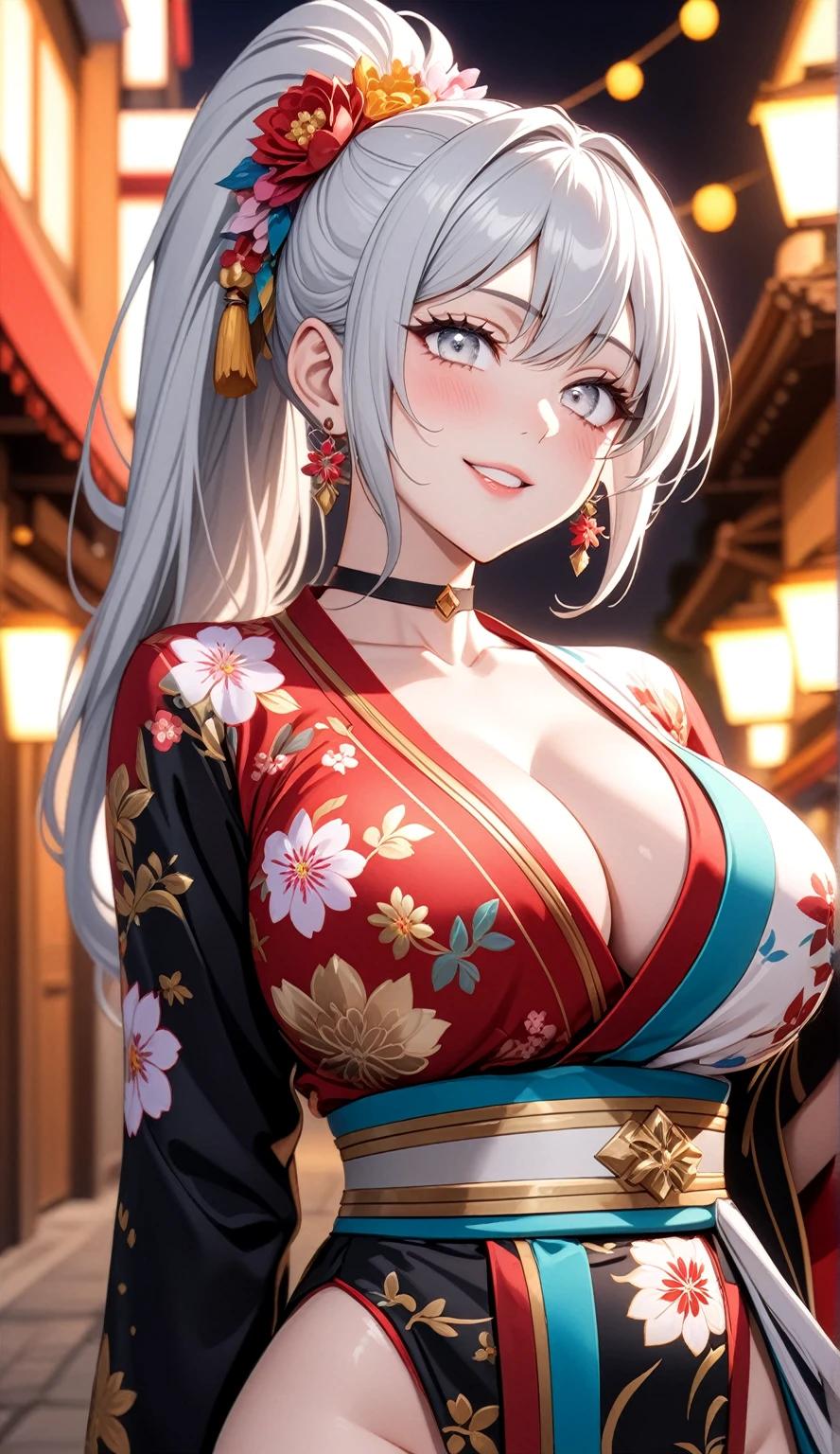 ((One personの女性)), Beautiful Face,((laugh)),((Wink:1.9)),((Touch your lips)), Laugh with your mouth wide open,((Bright red cheeks:1.4)),Shiny red lips,night,rooftop,Festive decorations,You can see the ocean, firework,Laughing with your mouth open,Glossy pink lips,Facial lighting,((Anime style background)),masterpiece, Highest quality, so beautiful,up to date, Complex details, (Pink long nails),(ring),(bracelet),(choker),AI-generated, Complex,High resolution, Highest quality, super high quality,3D Images、3D Images,One person,Long white hair,High Ponytail,(Pale eyes),Anime woman posing for a photo, ((fine grain、Silvery white colorful eyes、Shining Eyes:1.4)),(Squint your eyes:1.1),a hyperRealistic , hyperRealistic , Realistic,Anime woman with long white hair, Smooth anime CG art, A woman in a colorful kimono with gold embroidery, (Black long sleeve kimono),Red floral pattern,Long flower hair ornament,big floral earrings,Mature Body,(Big Breasts:1.1),expensive,Abdominal muscles,Tight waist,(Zoom up to face:1.7),Shooting from diagonally below