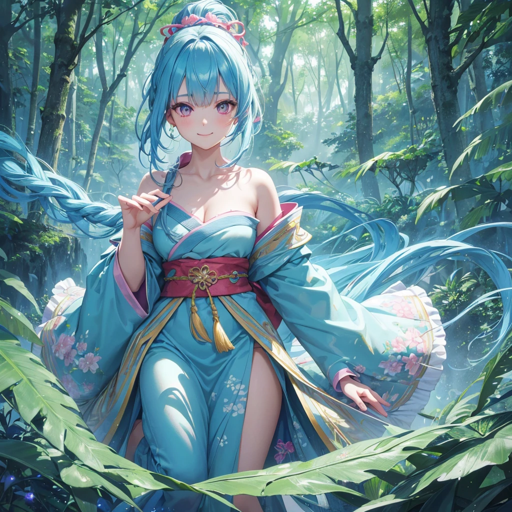 sky Blue hair, (braided ponytail),(pink eyes),fair skin ,(full body),1 girl,smile,white red kimono,Fresh green forest,Forest Goddess,Straight Bangs,(masterpiece, best quality, ultra-detailed, best shadow), (detailed background), (beautiful detailed face), high contrast, (best illumination, an extremely delicate and beautiful), ((cinematic light)), colorful, hyper detail, dramatic light, intricate details,guardian of the forest,Leaf Blizzard,