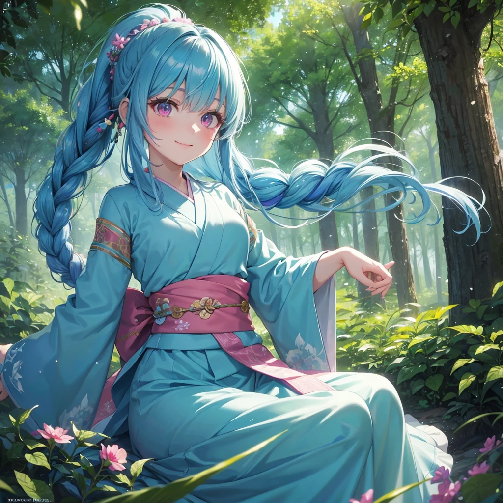 sky Blue hair, (braided ponytail),(pink eyes),fair skin ,(full body),1 girl,happy smile,kimono,Fresh green forest,Forest Goddess,Straight Bangs,(masterpiece, best quality, ultra-detailed, best shadow), (detailed background), (beautiful detailed face), high contrast, (best illumination, an extremely delicate and beautiful), ((cinematic light)), colorful, hyper detail, dramatic light, intricate details,guardian of the forest,Leaf Blizzard,