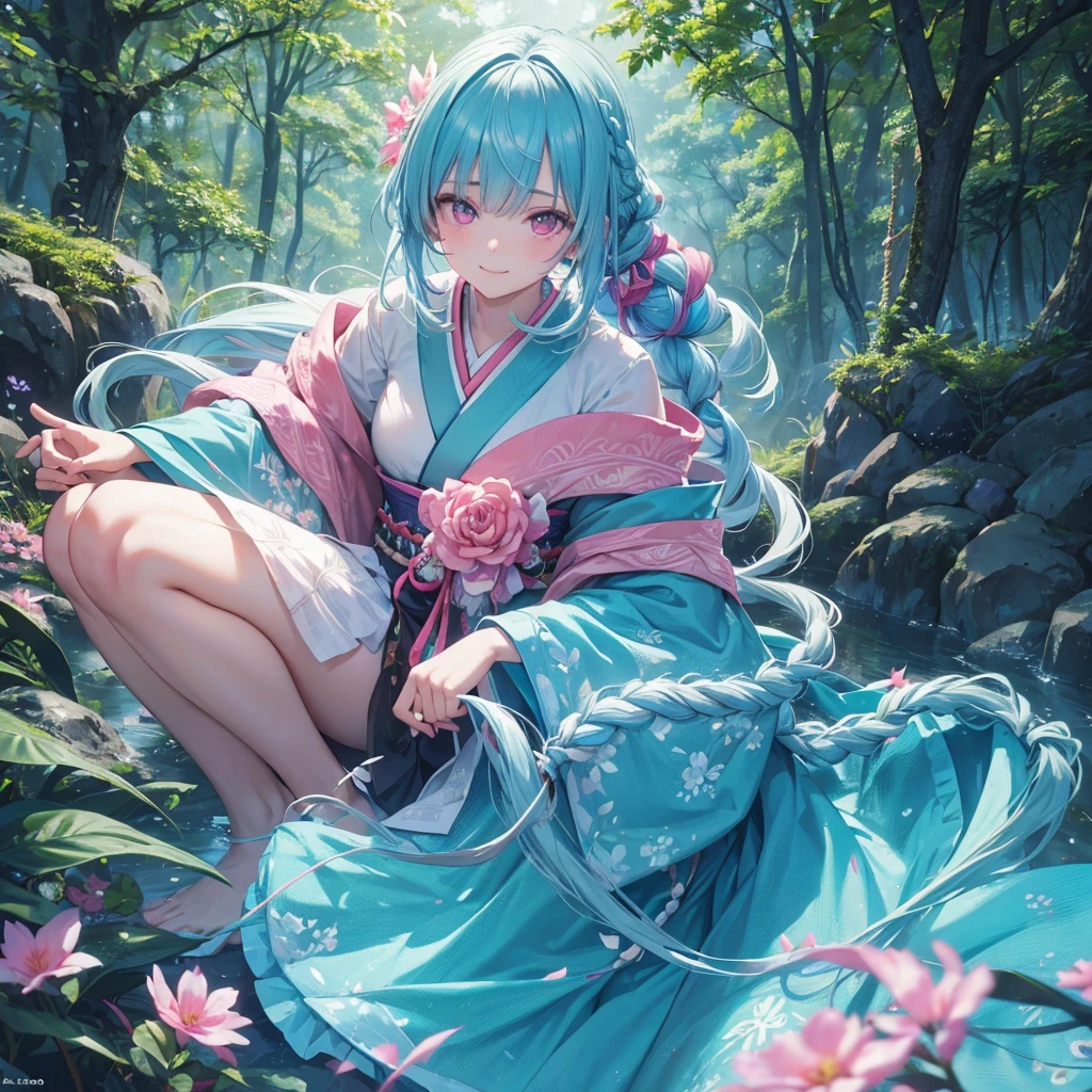 sky Blue hair, (braided ponytail),(pink eyes),fair skin ,(full body),1 girl,happy smile,kimono,Fresh green forest,Forest Goddess,Straight Bangs,(masterpiece, best quality, ultra-detailed, best shadow), (detailed background), (beautiful detailed face), high contrast, (best illumination, an extremely delicate and beautiful), ((cinematic light)), colorful, hyper detail, dramatic light, intricate details,guardian of the forest,Leaf Blizzard,