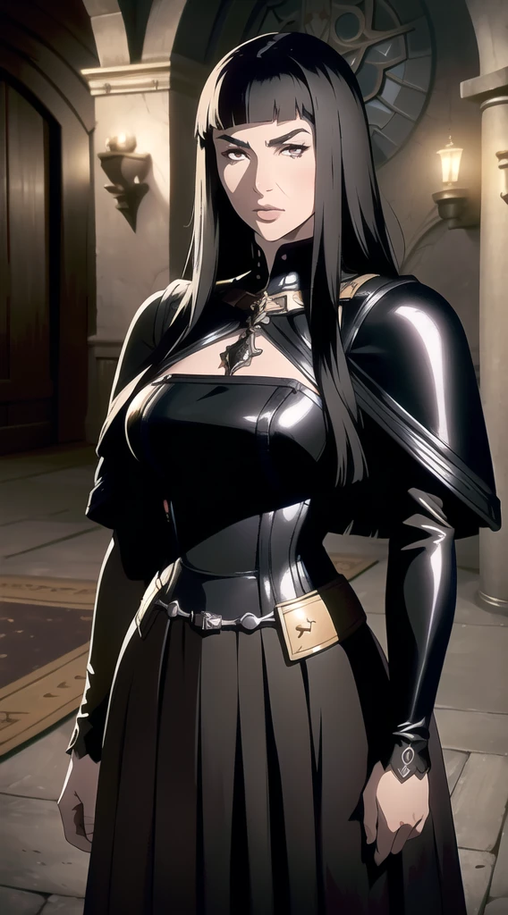 (One Person), (Masterpiece, Best Quality), (A Gorgeous 25 Years Old Female), (long straight black hair with fringe bangs above the eyebrows), (black Eyes), (Fair Skin), (Wearing women's black medieval clothing dress Outfit with and Corsets), (medieval castlevania City Road at Day), (Dynamic Pose), Centered, (Half Body Shot:1.4), From Front Shot, Insane Details, Intricate Face Detail, Intricate Hand Details, Cinematic Shot and Lighting, Realistic and Vibrant Colors, Masterpiece, Sharp Focus, Highly Detailed, Taken with DSLR camera, Depth of Field, Realistic Environment and Scene, Master Composition and Cinematography
