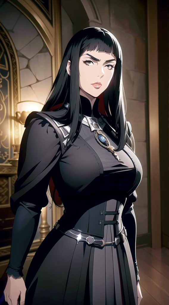 (One Person), (Masterpiece, Best Quality), (A Gorgeous 25 Years Old Female), (long straight black hair with fringe bangs above the eyebrows), (black Eyes), (Fair Skin), (Wearing women's black medieval clothing dress Outfit with and Corsets), (medieval castlevania City Road at Day), (Dynamic Pose), Centered, (Half Body Shot:1.4), From Front Shot, Insane Details, Intricate Face Detail, Intricate Hand Details, Cinematic Shot and Lighting, Realistic and Vibrant Colors, Masterpiece, Sharp Focus, Highly Detailed, Taken with DSLR camera, Depth of Field, Realistic Environment and Scene, Master Composition and Cinematography
