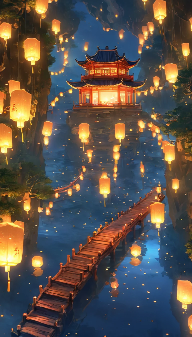 1.Place the river lanterns by the river，Underground tombs，Suspension，Cave，(((Kongming Lantern Wishing Lantern)))Many sky lanterns are lit on the water, floating lights, Lights and reflections, Glowing lights! Intermediate Metaverse Elements，number, glowing reflections, think. author：Shinkai Makoto, Water Lanterns, A quiet night. Digital Illustration, Beautiful Ambience, Night sky lights, Peaceful evening atmosphere, 美丽的number艺术作品, Low Detail. number, Beautiful Ambience