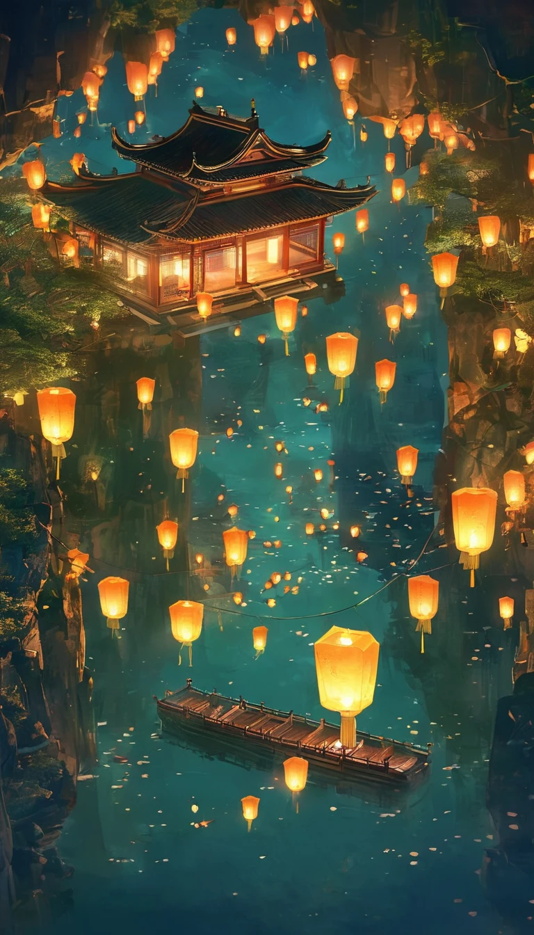 1.Place the river lanterns by the river,Underground tombs,Suspension,Cave,(((Kongming Lantern Wishing Lantern)))Many sky lanterns are lit on the water, floating lights, Lights and reflections, Glowing lights! Intermediate Metaverse Elements,number, glowing reflections, think. author:Shinkai Makoto, Water Lanterns, A quiet night. Digital Illustration, Beautiful Ambience, Night sky lights, Peaceful evening atmosphere, 美丽的number艺术作品, Low Detail. number, Beautiful Ambience