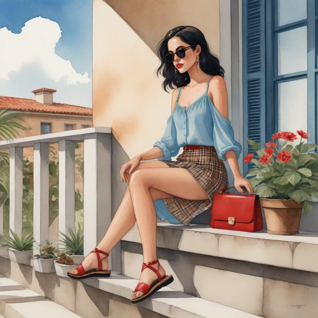 flat illustration, watercolor, anime style, you asked for it, with the Brazilian woman as the focal point of the scene. She sits with her back to us on a concrete porch, her arms resting on her knees and her wavy black hair falling over her shoulders. She is wearing sunglasses. She wears a light blue blouse with thin straps and a floral skirt, her lips are a striking red and she wears black flip-flops. A brown plaid bag sits on the balcony, and the background has a beige wall with a window and potted plants by Daniela Uhlig
