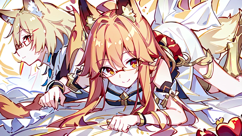 ((Best quality)), ((masterpiece)), (detailed), best quality,8K,original photo,Red Fox Maiden,touch fox,Castle Background, Liveliness. Carefree happy joy bokeh background. Quiet aesthetics. Soft lighting. Artistic Lighting. Gold frame glasses