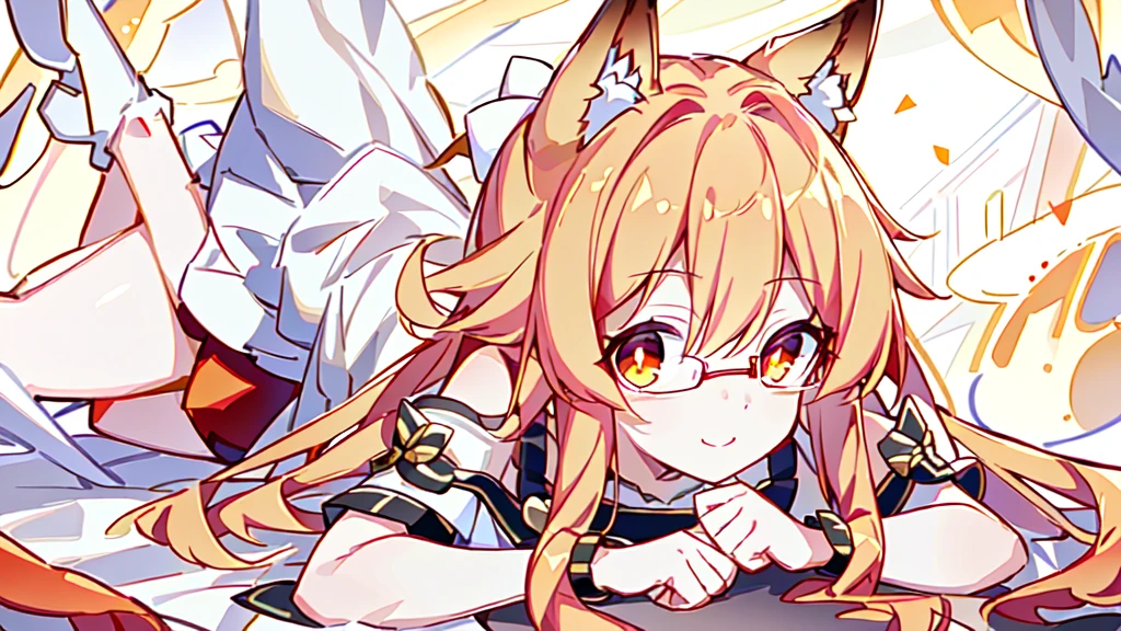 ((Best quality)), ((masterpiece)), (detailed), best quality,8K,original photo,Red Fox Maiden,touch fox,Castle Background, Liveliness. Carefree happy joy bokeh background. Quiet aesthetics. Soft lighting. Artistic Lighting. Gold frame glasses