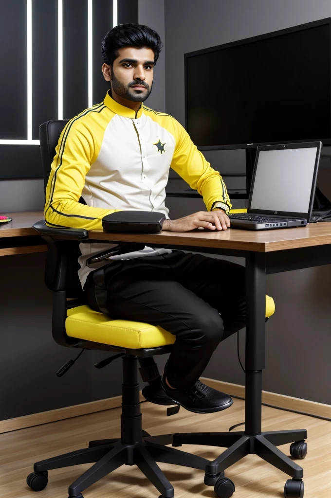 A 40 years old beautiful Pakistani boy sits on a black gaming chair with yellow accent wearing modern black outfit with color matching shoes behind him is a desk with computer monitor or laptop displaying SysRax YT in large bold letters the room has modern design with grey walls and floor, there's a mic stand with mic setup adjusted near the face of the boy