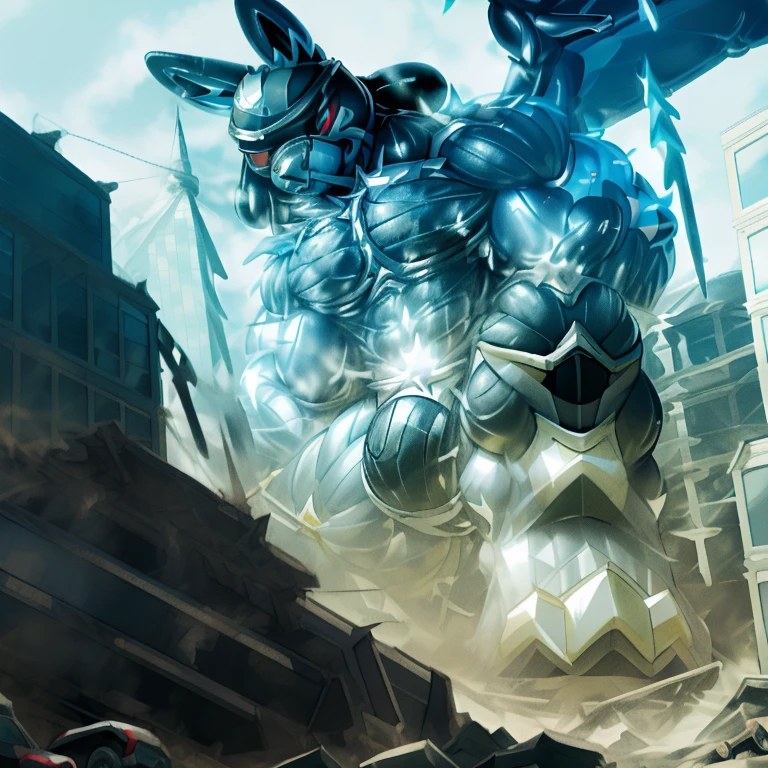 (masterpiece. official art. 8k. best quality. detailed full body. full body.)
(situation 1 : dominating LUCARIO. gigantic titan is destroying a city. terrified and scattered civilians. cinematic composition, evoking a sense of awe and fear.)

(Additional details 1: wearing a full-face helmet. helmet is jet black. The color of NANOSUIT is jet black. high-tech bio-mecha armor. real texture material. whole body shines like metal. Wearing cyberpunk mecha. emphasizes the muscles. suit fully made of metal. intricate armor. Robotic suit. suit fully made of metal. NANOSUIT with the same design as LUCARIO.). (Lucario has 5 toes.)

(Additional details 2: (Detailed head. Detailed Body. Detailed abs. gigantic muscles. HYPER MUSCLES. Gigachad Muscular. big muscle. pecs. triceps. traps. unusually developed muscular body. body full of huge muscles. showing off muscles. pectorales enormes. Exaggeratedly huge muscles. huge muscles. long legs.).

(Additional details 3: nj5furry, Spread wings. It has wings. black have big wings. The claws are sharp. Sharp teeth.5 toes.).  (Additional details 4: black color hyper penis. hyper black penis. big penis) (Additional details 5 : Spraying hyper cum up everywhere into the sky from his erect penis. wide spray of cum, covered in cum, cum splashing in front of camera, bukkake, earth is under a thick later of cum.) He is laughing defiantly. The penis is integrated into the armor.