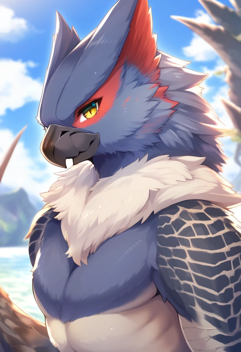 ,4k, 8k, raytracing, photorealistic, realistic, shaded, extreme detail quadruped, detail, detailed, extreme detail, 8k, real, realistic, crisp, sharp, high quality, shadows, raytracing, volumetric light, bloom by nurinaki, beach, (solo), girly, femboy, male, tail up, tailfeathers, feminine body, rear view, presenting big butt, backsack, balls, twink, thights, horny, avian, bird, blue jay, beak, masterpiece, best quality, beautiful eyes, looking at viewer, by dagasi, by Manmosu Marimo,