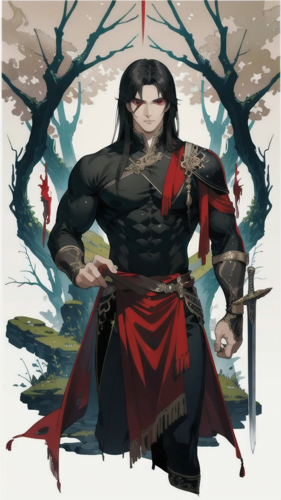 masterpiece, best quality, 1 male, adult, tall muscular, handsome, finely detailed eyes, intricate details, long black hair, red eyes, handle a sword, ruinscape background, enchanted forest ruins