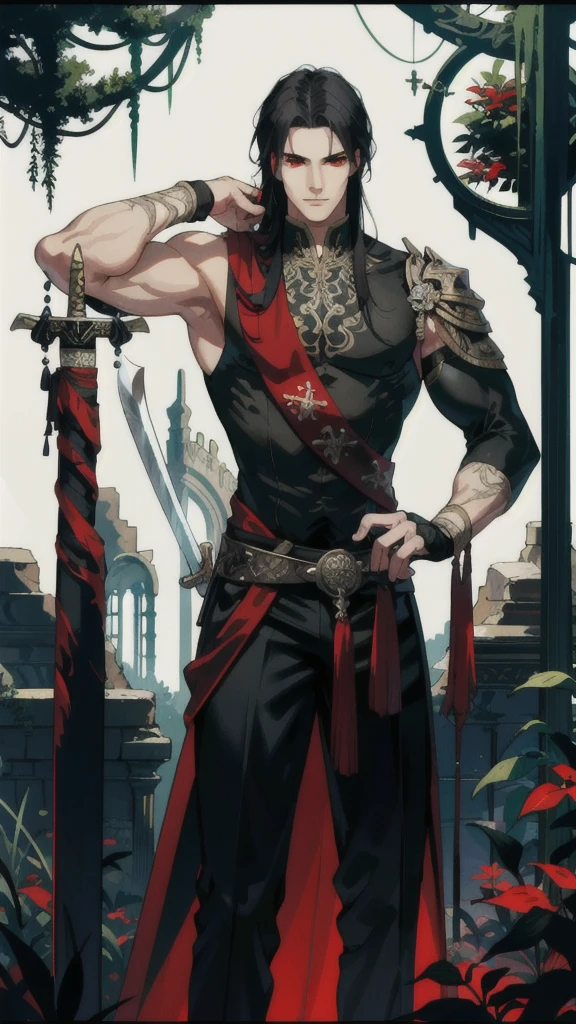 masterpiece, best quality, 1 male, adult, tall muscular, handsome, finely detailed eyes, intricate details, long black hair, red eyes, handle a sword, ruinscape background, enchanted forest ruins
