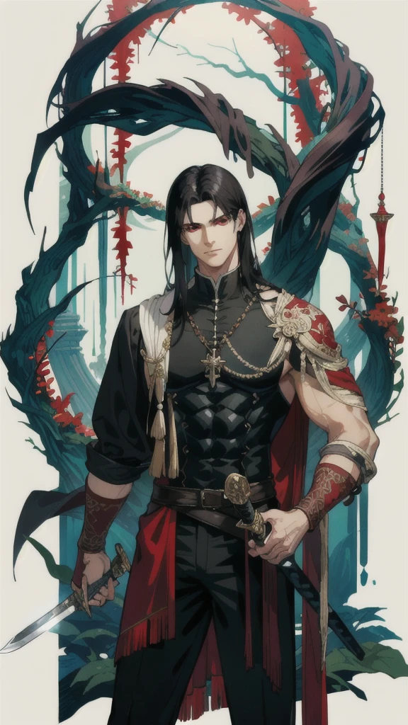masterpiece, best quality, 1 male, adult, tall muscular, handsome, finely detailed eyes, intricate details, long black hair, red eyes, handle a sword, ruinscape background, enchanted forest ruins