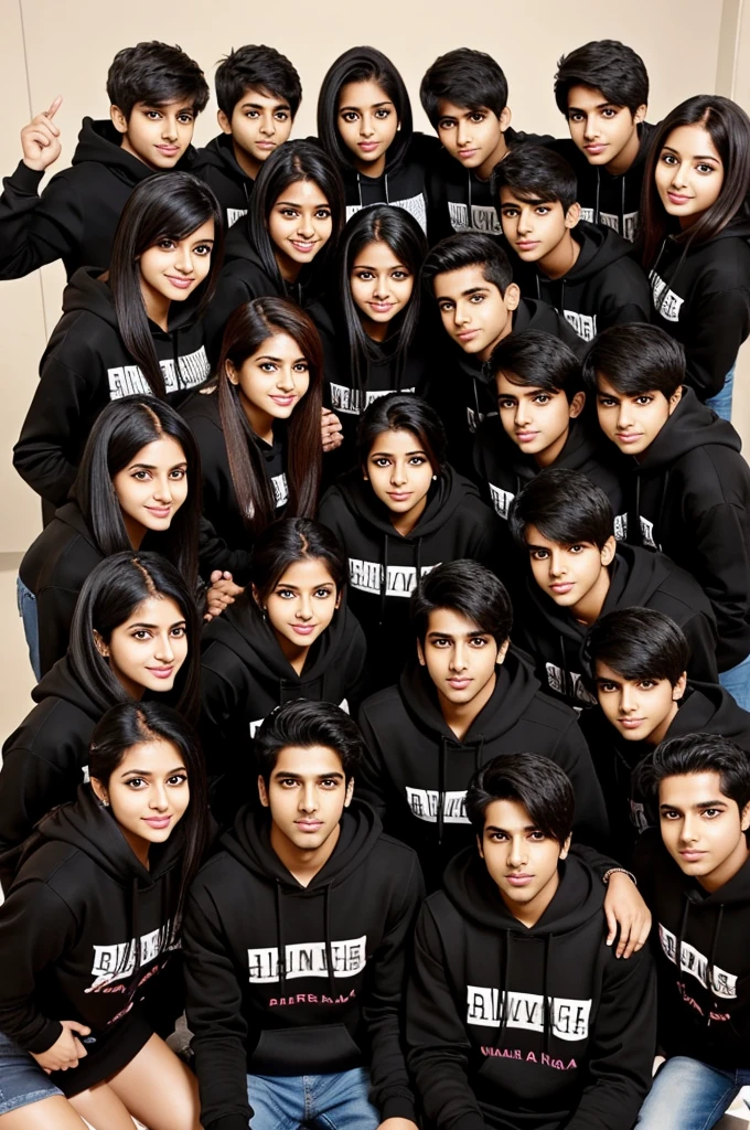11 people 6 girls 5 boys names are lisa,meerab,sakshi,juberia,zee,khushi,and boys names are shreyash,yo,fluke,john,austin and their names are printed on the black hoodie they are wearing it,anime style ,beautiful,and,handsome