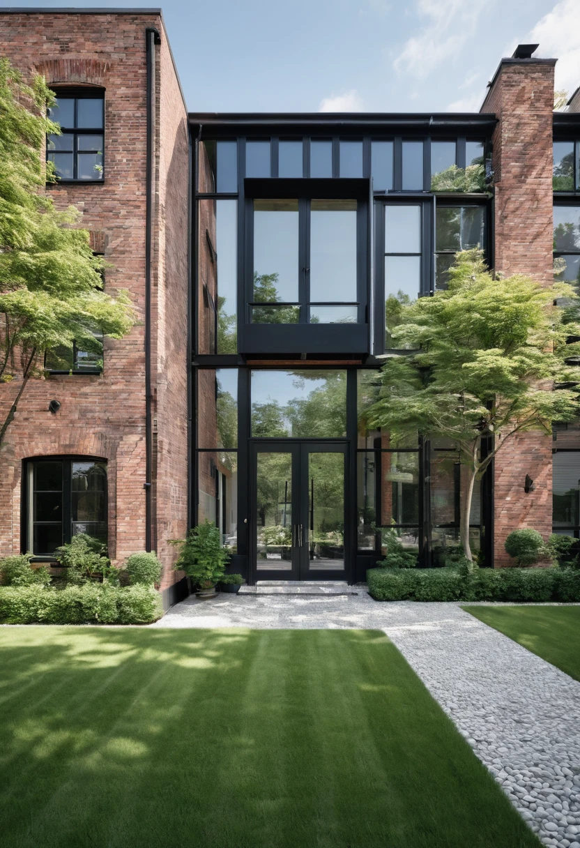 RAW format photography, N i k o n D 7 5 0 0 + A F - S D K, in a sunny and happy day that envelops the house and most of the condominium, industrial style. Imagine an industrial house, with glass walls divided by a massive black iron structure, English brick walls, real grass in front of the house. Two Elm trees on the side of the main entrance. Stone floor up to the main entrance. Create houses in the background as if it were a condominium.