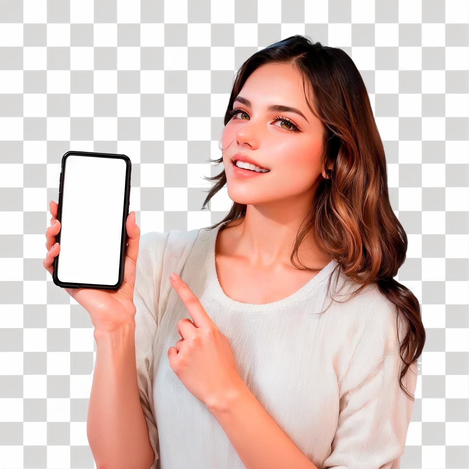 woman holding a smartphone with a blank screen, she is holding a smartphone, background removed, holding a very advanced phone, isolated background, Background transparent, hold up smartphone, isolated white background, full device, solid track record, no back ground, full view blank background, on clear background, No text, isolated on white background, no back ground and shadows