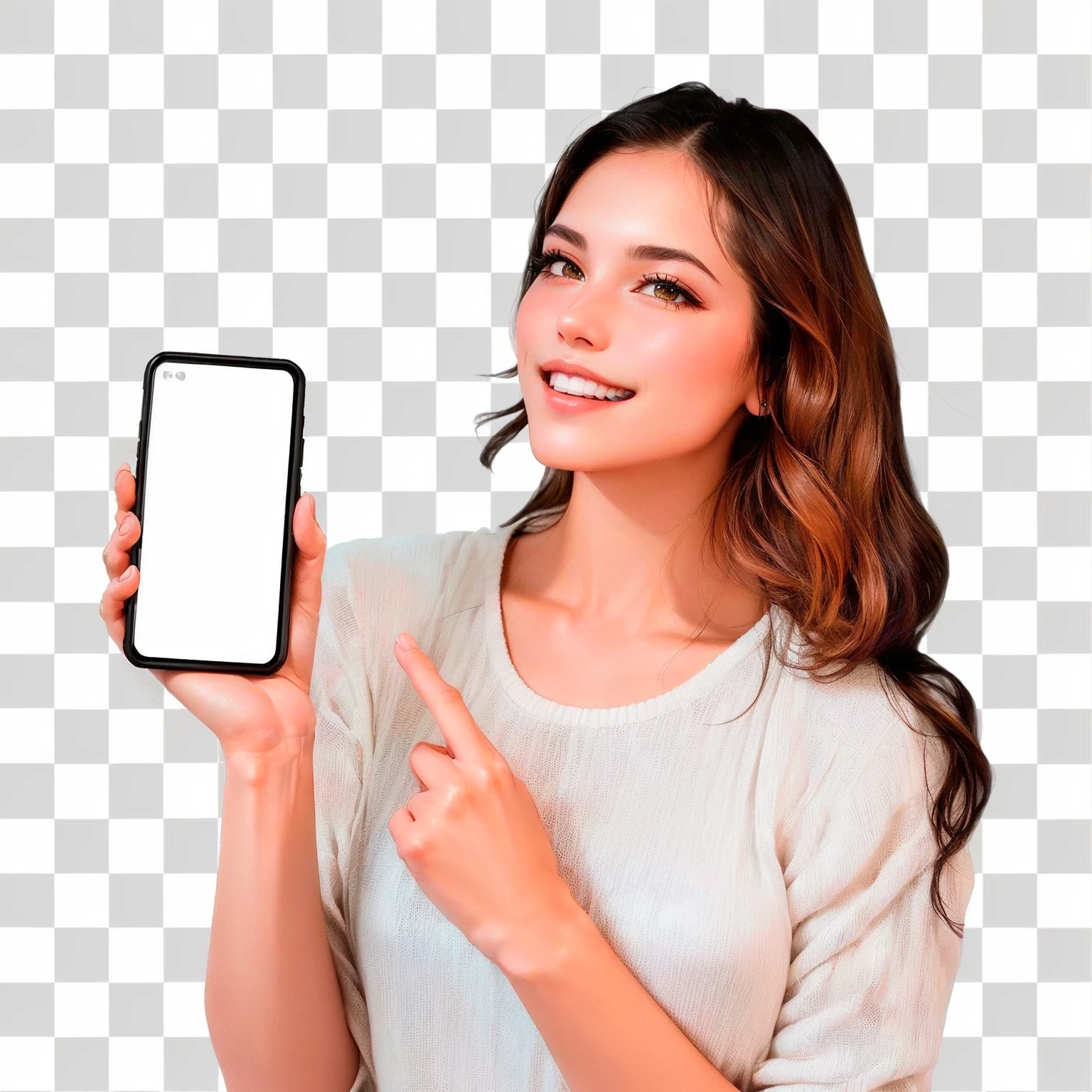 woman holding a smartphone with a blank screen, she is holding a smartphone, background removed, holding a very advanced phone, isolated background, Background transparent, hold up smartphone, isolated white background, full device, solid track record, no back ground, full view blank background, on clear background, No text, isolated on white background, no back ground and shadows