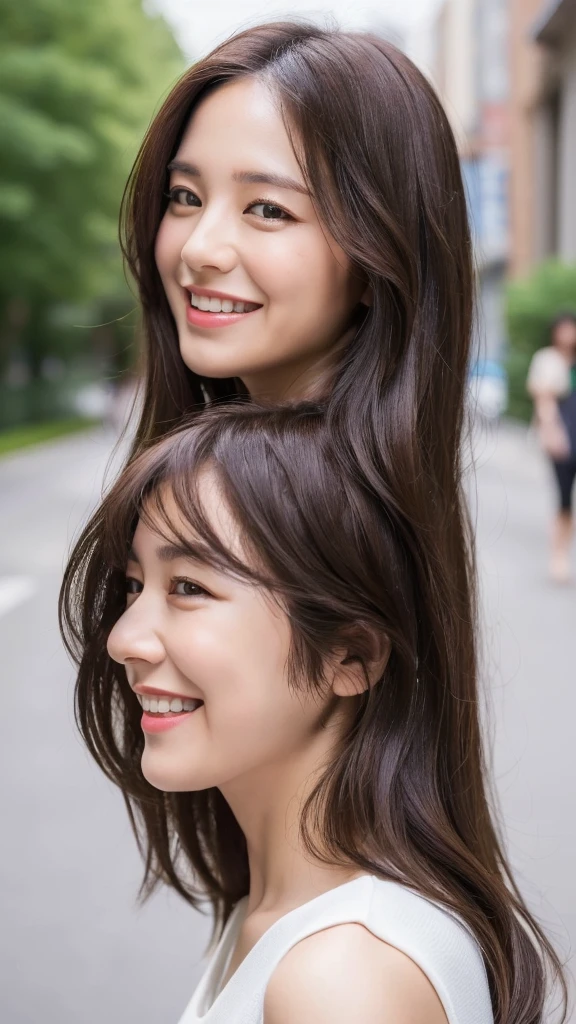 ((Best quality, 8k, Masterpiece :1.3)), 1girl, smiling, face in profile 、full body, slim face, Pretty woman, (Dark brown hair), Casual summer clothes :1.1, Ultra-detailed face, Detailed eyes, Double eyelid,  blur background, slim face, city, outside, street,