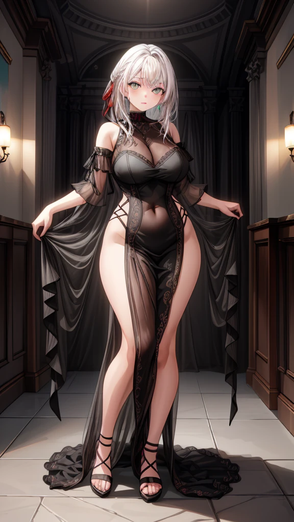 (1girl), (masterpiece), (best quality), ((looking at the viewer)), ((full body)),((facing the viewer)), ((dress that shows off her figure)), ((White hair))
